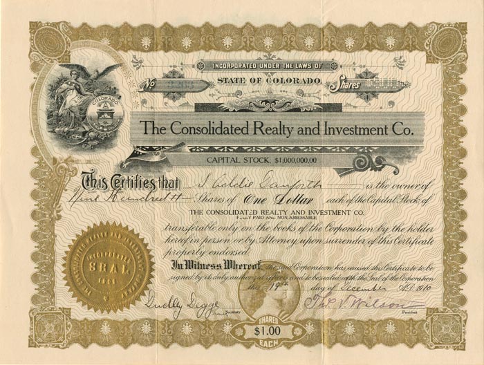 Consolidated Realty and Investment Co. - Stock Certificate